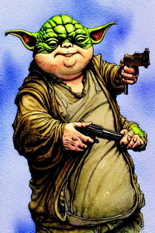 Image similar to a realistic and atmospheric watercolour fantasy character concept art portrait of a fat sleazy homeless chibi yoda wearing a wife beater and holding a handgun, by rebecca guay, michael kaluta, charles vess and jean moebius giraud