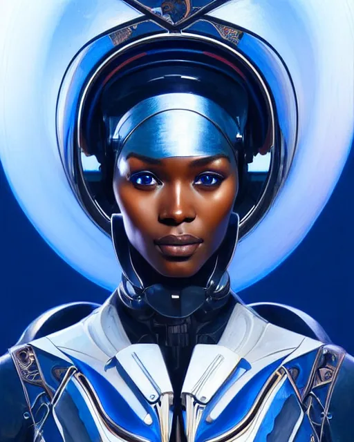 Image similar to Portrait of very very very very very very beautiful african woman, spacesuit, futuristic cybernetic helmet, blue eyes, real life skin, intricate, elegant, highly detailed, artstation, concept art, smooth, sharp focus, art by artgerm and greg rutkowski and alphonse mucha