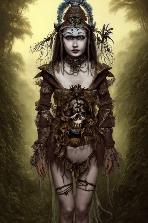 Image similar to A masterpiece ultrarealistic portrait of a Irristible angel princess tribal-shaman-knight-witch-ghost with Skull Iron mask. baroque renaissance girl in the night forest. medium shot, intricate, elegant, highly detailed. trending on artstation, digital art, by Stanley Artgerm Lau, WLOP, Rossdraws, James Jean, Andrei Riabovitchev, Marc Simonetti, Yoshitaka Amano. background by James Jean and Gustav Klimt, light by Julie Bell, 4k, porcelain skin.