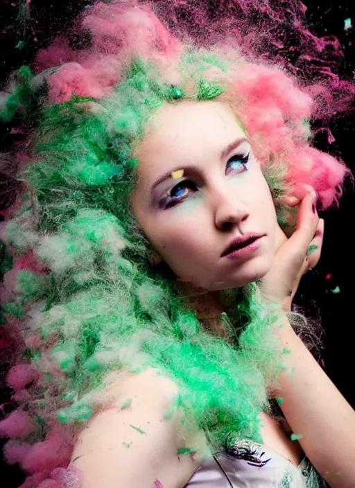 Prompt: a dramatic lighting photo of a beautiful young woman with cotton candy hair. confetti splashes. moody, melanchonic. with a little bit of green and black