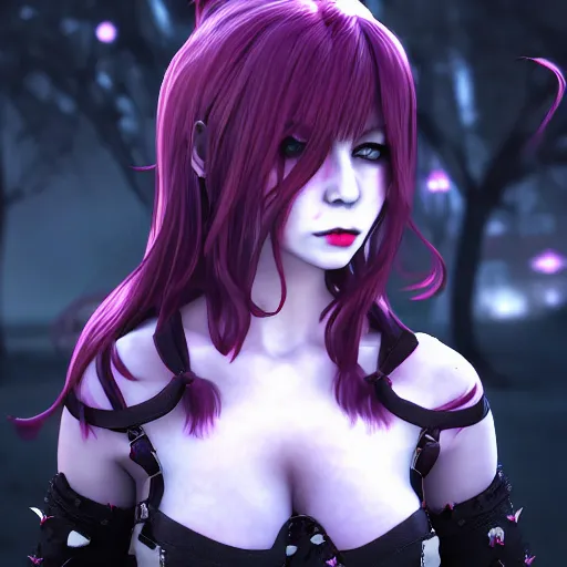 Prompt: full shot portrait of angry darkness Clara Morgane as a cute anime girl at moonlight, gothic wearing, inspired by Tim Burton, Norihiro Yagi, Marc Simonetti, Amano, detailed, unreal engine 4k volumetric light, fog,