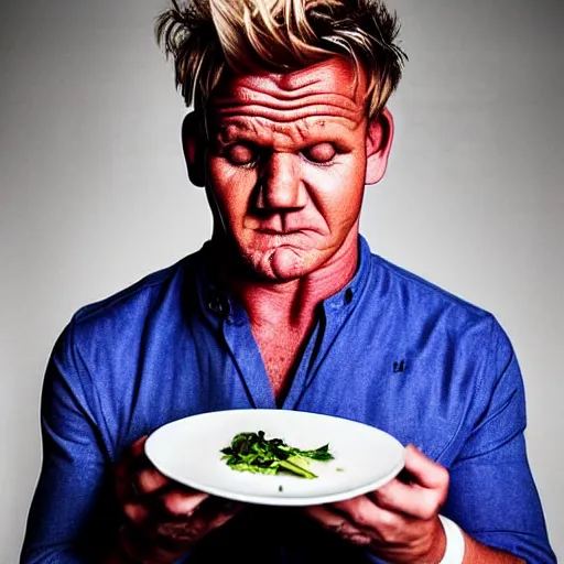 Prompt: a hyper realistic photograph of gordon ramsay crying over a plate of steak. dim red and blue lighting, strong shadows, award winning magazine photo