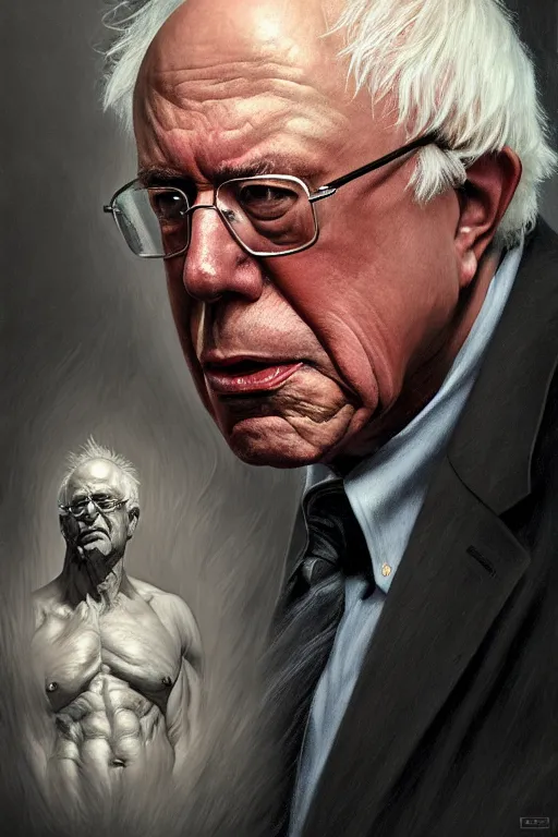 Prompt: portrait of a president bernie sanders posing ultra realistic illustration, a hulking herculean gigachad, bulging muscles, intricate, highly detailed, digital painting, artstation, radiant light, caustics, war hero, concept art, smooth, sharp focus, by gaston bussiere, bayard wu, giger, maxim verehin