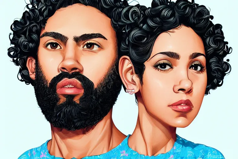 Prompt: a hispanic light - skinned girl with medium length curly hair, and a short - bearded mixed race man with short curly hair, in love, tristan eaton, victo ngai, artgerm, rhads, ross draws