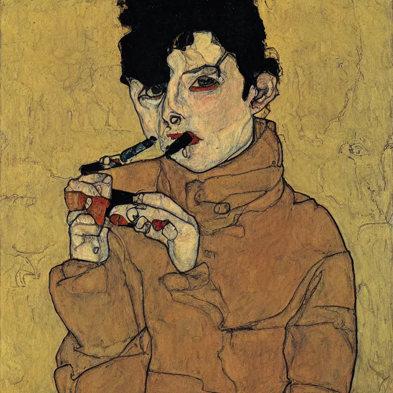 Prompt: portrait of a loner smoking a cigarette by egon schiele