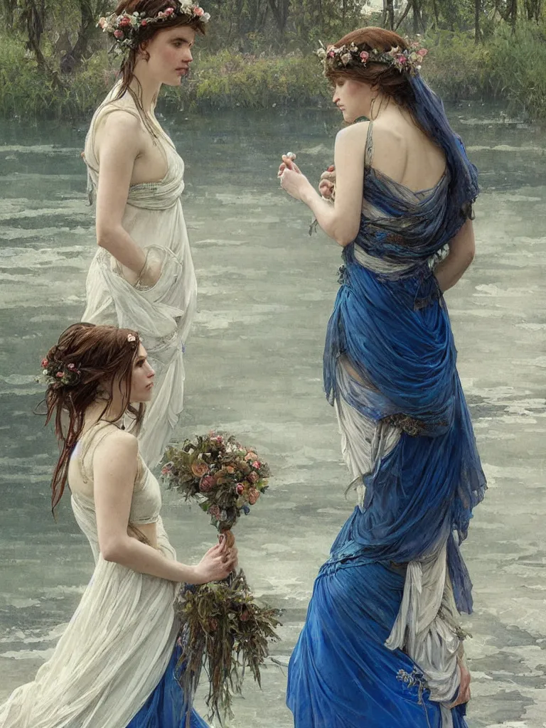 Image similar to detailed painting of two sad brides standing in the river, gloomy, cobalt blue gemstones floating in the river, art by greg rutkowski and alphonse mucha