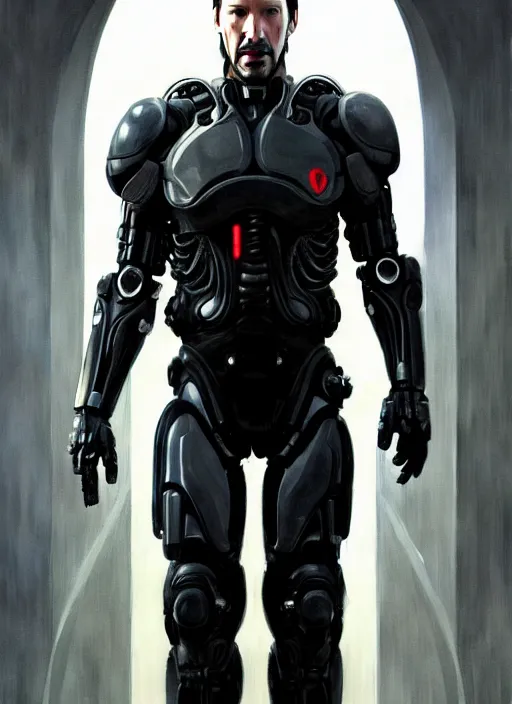 Prompt: keanu reeves as victor stone, full body concept, cyborg, borg, strogg, face of a man, terminator, flesh, quake strogg, doom demon, wolfenstein, monstrous, powerful, symmetry, symmetrical, concept art by ruan jia and greg rutkowski