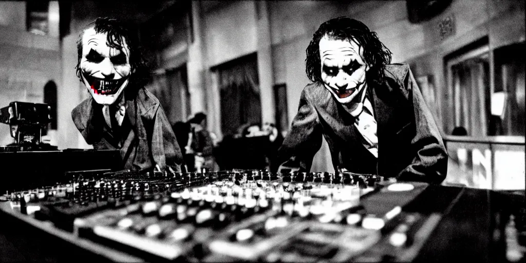 Prompt: The Joker at the dj table dropping sick beats , frightening, ghastly, photorealistic, old film, 35mm film, found film, scary, ominous,, by bruce davidson, on hasselblaad