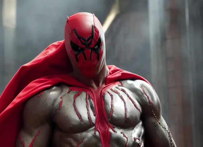 Image similar to film still of michael b jordan as spawn in the new spawn movie, giant chains, large cape, 8 k