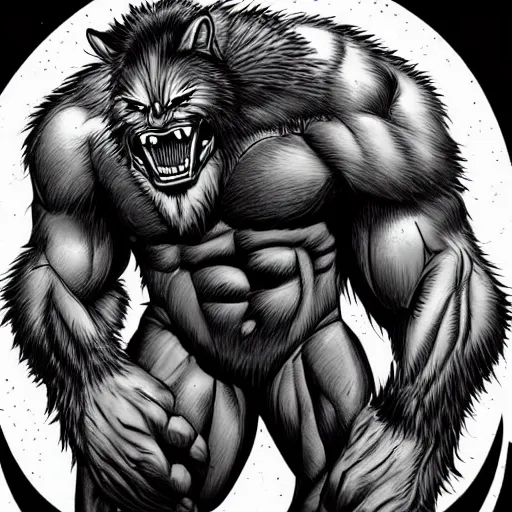 Prompt: a steroids werewolf with absurdly big muscles, intense expression, epic, high detail, high contrast