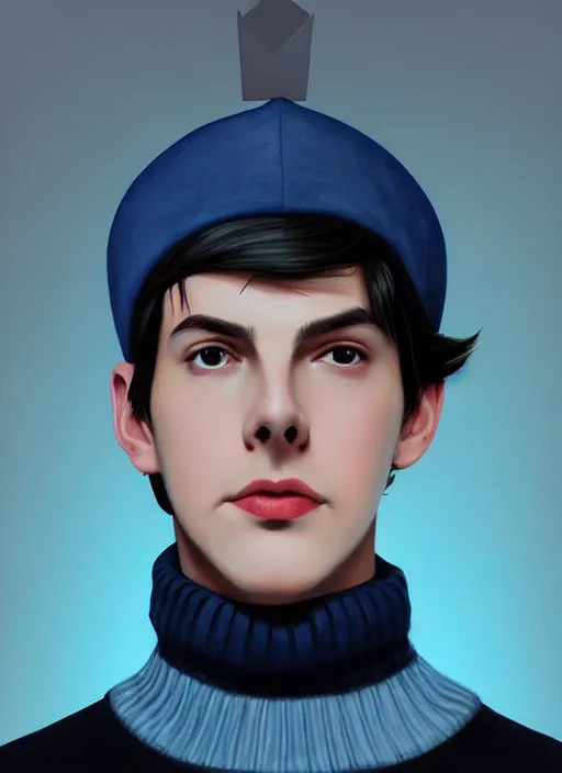 Image similar to portrait of teenage jughead jones wearing a light grey crown, crown, blue turtleneck, 1 9 5 0 s, closed eyes, photorealistic, black hair, glowing lighting, intricate, elegant, glowing lights, highly detailed, digital painting, artstation, concept art, smooth, sharp focus, illustration, art by wlop, mars ravelo and greg rutkowski