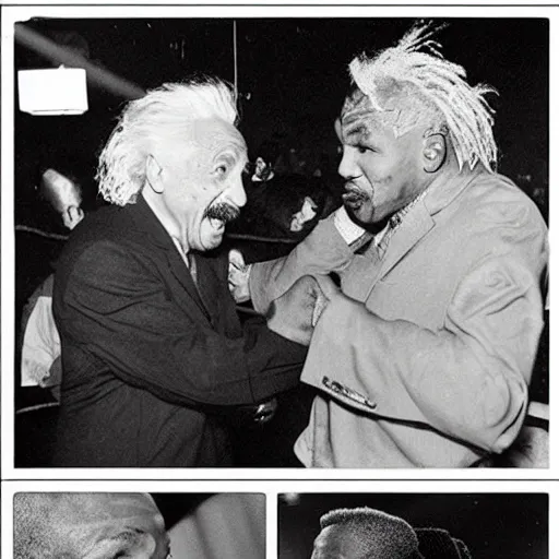 Image similar to albert einstein and mike tyson fighting each other in a boxing ring