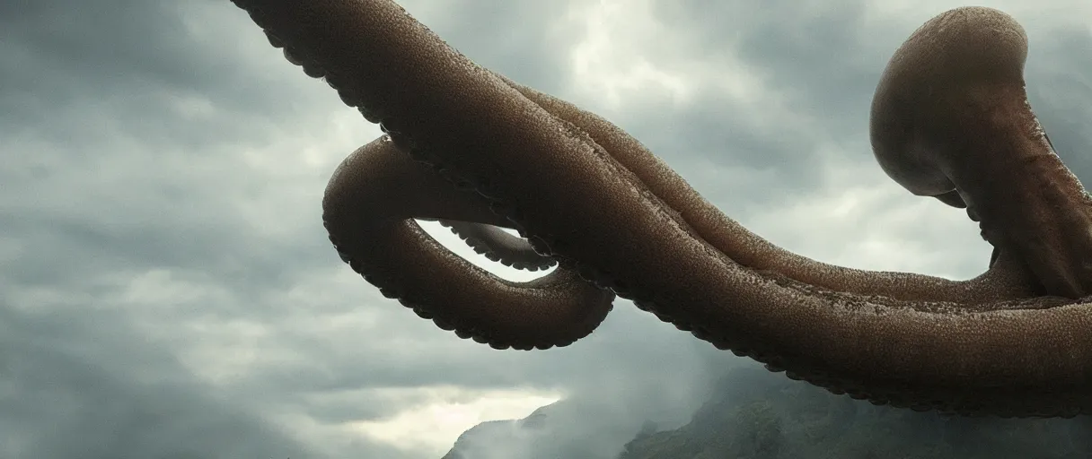 Prompt: a giant octopus tentacle hanging from the clouds over a rain forest, still from the movie the arrival, 8k