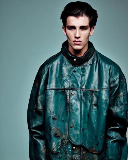 Prompt: an award - winning photo of a male model wearing a baggy teal distressed medieval leather menswear harrington jacket by issey miyake, 4 k, studio lighting, wide angle lens