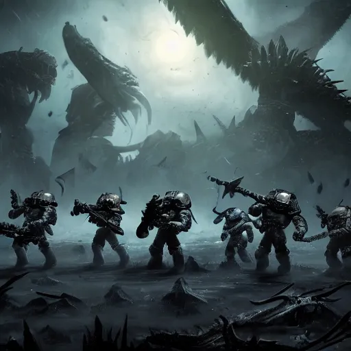 Image similar to a group of space marines battling against an eldritch abomination, high detail, warhammer, cinematic, high resolution, concept art, dark atmosphere, fog, trending, stunning shot