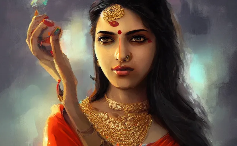 Image similar to a painting of a beautiful indian woman trending on artstation in the style of greg rutkowski