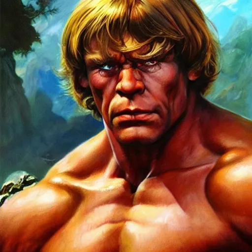 Image similar to ultra realistic portrait painting of he - man, frank frazetta, 4 k, ultra realistic, highly detailed, epic lighting