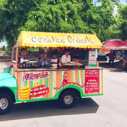 Prompt: crocodile man driving an ice cream cart