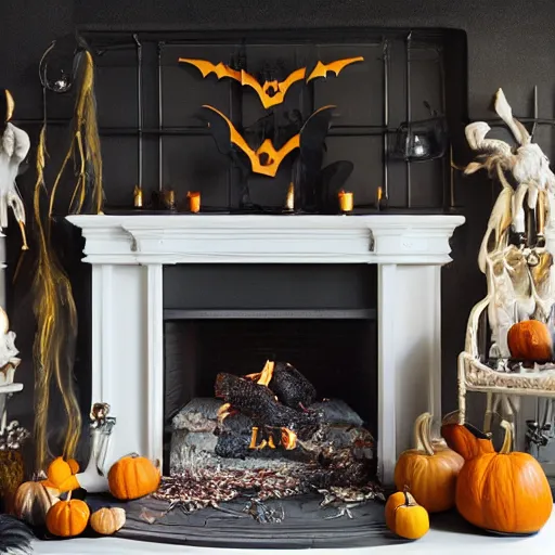 Prompt: a realistic photo of a fireplace mantle decorated for halloween, with black bats on the wall, and pumpkins on the floor, photorealism, dramatic lighting