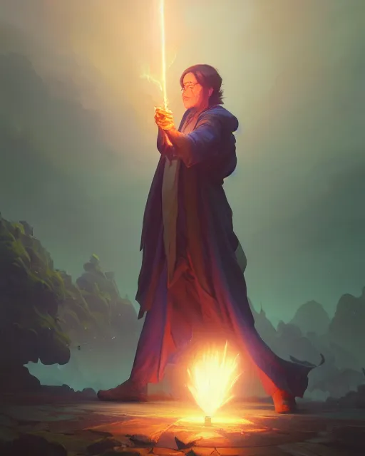 Image similar to highly detailed vfx portrait of an old mage casting a light spell, unreal engine, greg rutkowski, loish, rhads, beeple, makoto shinkai and lois van baarle, ilya kuvshinov, rossdraws, tom bagshaw, alphonse mucha, global illumination, detailed and intricate environment