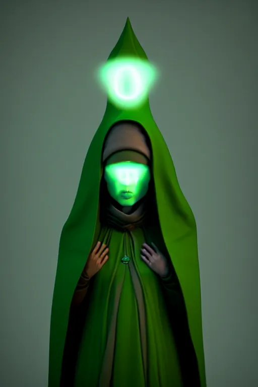 Image similar to A cute shaman with no nose, glowing eyes and a very long hooded dark green cloak of leaves by Vivien Lulkowski and Julien Kaspar, 3D render, stylized, Cycles Render