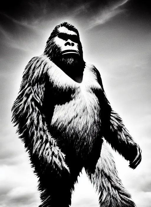 Prompt: bigfoot black and white portrait white sky in background