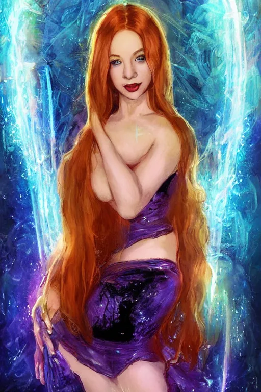 Prompt: frontal standing pose portrait of Christina Hendricks as a thin Sabrina the Teenager Witch, very beautiful young woman, ginger straight hair, Witch style push-up underwire. Intricate, concept art, magic mystique imagery lighting glowing overlay themed, D&D!, fantasy style, sharp focus!, ultra detailed, art by Artgerm and Peter Andrew Jones, WLUP, Magali Villeneuve