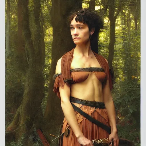 Image similar to a detailed, beautiful portrait oil painting of someone who looks a 1 8 - year old keisha castle hughes and gemma ward, with a hurt expression, wearing intricate, etched copper armor in an ancient forest, by donato giancola, john williams waterhouse, and william adolphe bouguereau