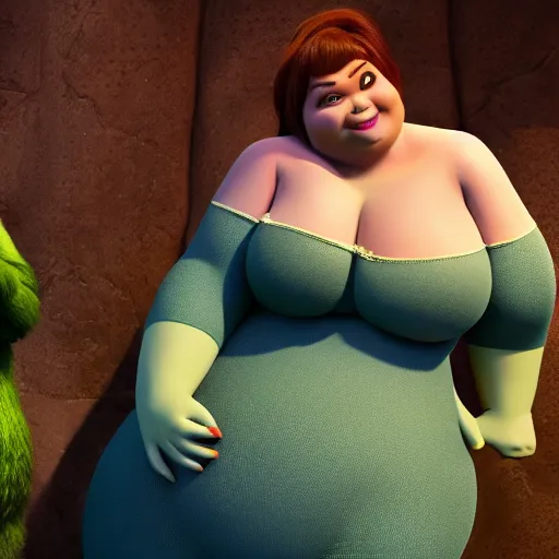Image similar to big curvy woman sitting in shrek's arms, super realistic, super detailed, high octane, photorealistic, rendering 8 k, 8 k octane, unreal engine,