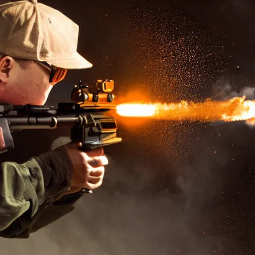 Image similar to man firing ar - 1 5, muzzle flash visible at the end of the barrel, highly detailed, photograph, firepower united