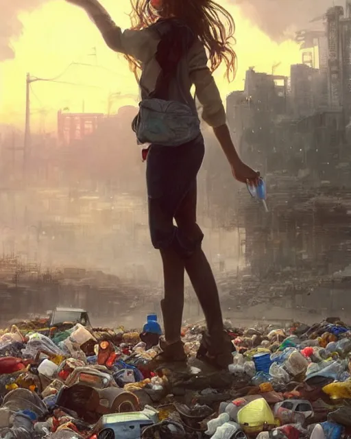 Image similar to poor detailed girl with backpack standing at cars looking for food at garbage dump, destroyed cars, city is pure wasteland, moody sunset in background, high details, photorealism, cinematic, greg rutkowski, alphonse mucha, trending on artstation, artgerm, unreal engine, breathtaking, award winning, highly detailed