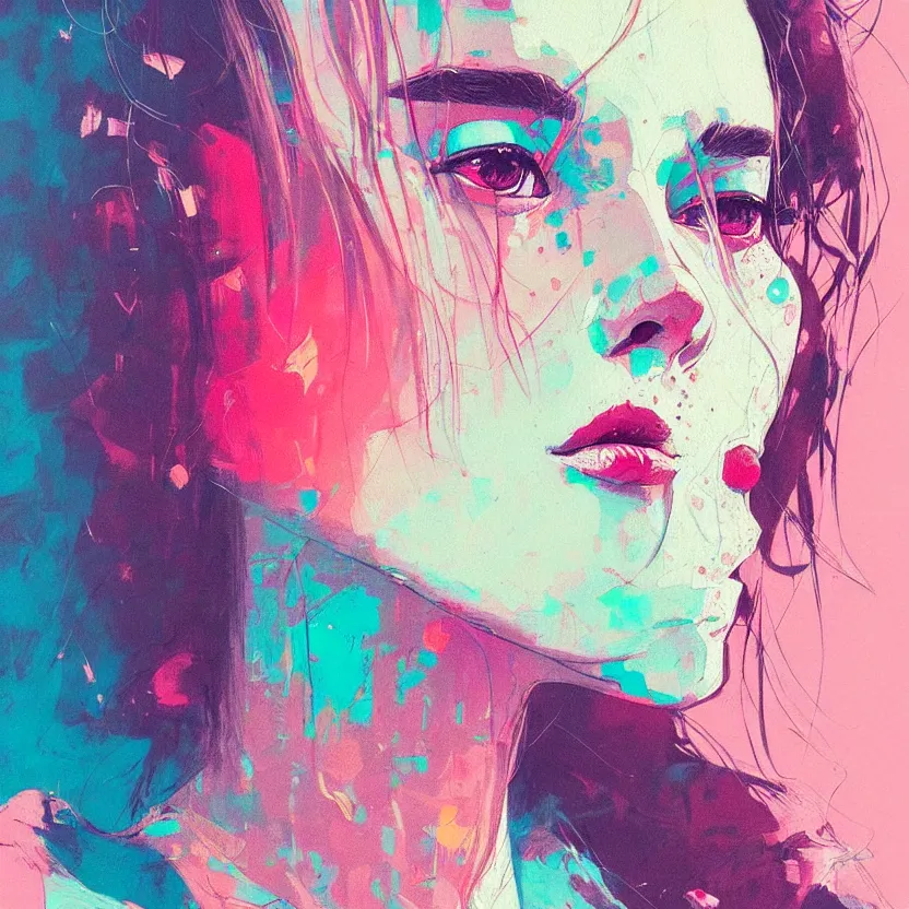 Image similar to close up portrait painting of a female in nineties street styling, concept art, intricate details, aesthetically pleasing pastel colors, art by conrad roset, impressionism, portrait