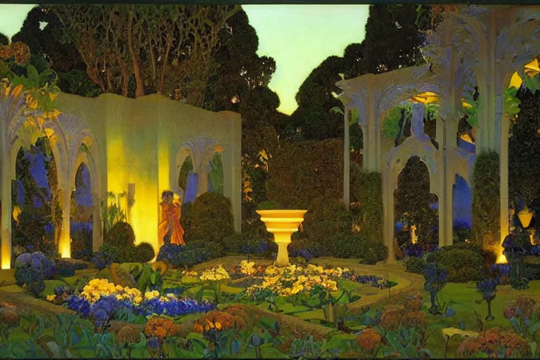 Image similar to beautiful garden at twilight by Maxfield Parrish and Nicholas Roerich and jean delville, glowing paper lanterns, strong dramatic cinematic lighting , ornate tiled architecture, lost civilizations, smooth, sharp focus, extremely detailed