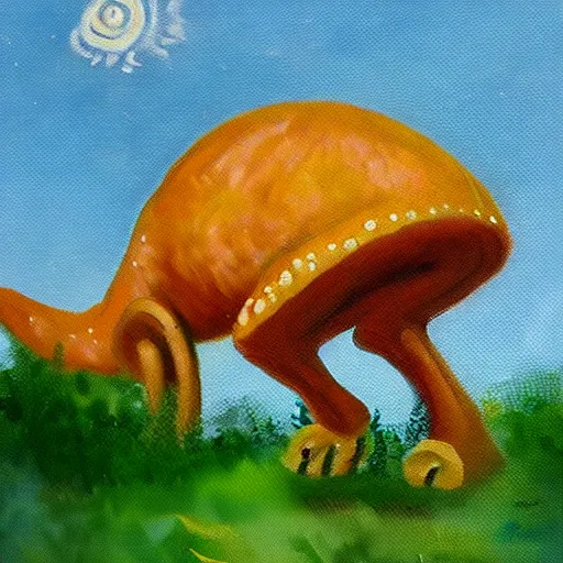 Image similar to impressionist painting of a dinosaur made of mushrooms