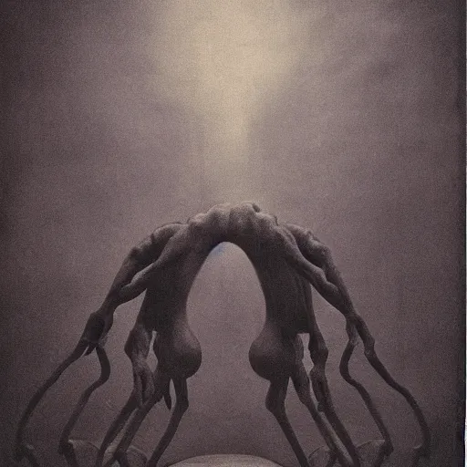 Prompt: vintage photography of faceless beast-god with many long arms, a huge body covered with deep furs by Zdzisław Beksiński, odd eye, dark fantasy, detaling, abomination, blur