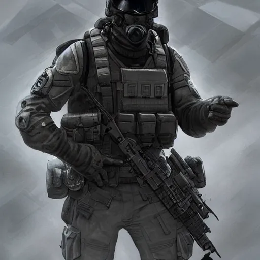 Image similar to Shellshocked Mercenary Special Forces soldier in grey uniform with black armored vest in 2020, by Cedric Peyravernay, highly detailed, excellent composition, cinematic concept art, dramatic lighting, trending on ArtStation