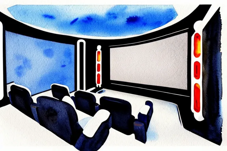 Prompt: very wide angle view, a modern home movie theater with big screen!!, stylish wall sconces, art deco style!!, rough watercolor painting, trending on artstation