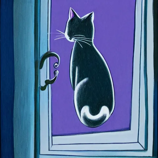 Prompt: The blue cat looking out of the window at night