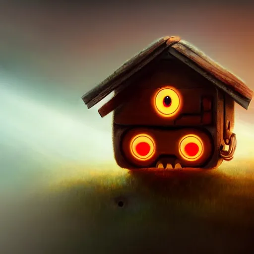 Image similar to a walking cute wood house with two mechanical legs and two glowing eyes and a mouth, rust, hyperrealistic, pareidolia, highly detailed, cinematic, single ray of sun, fog, beautiful, cgssociety, artstation, 8 k, oil painting