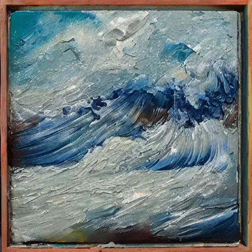 Image similar to oil paint impasto relief, beautiful powerful waves, colours teal white cream grey blue, multi layered thick brush marks, some splattered paint, in the style of ivan shishkin and frank auerbach and rene lalique