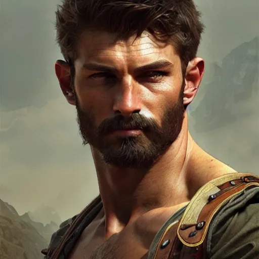 Image similar to portrait of a rugged ranger, handsome, muscular, 20 years old, D&D, fantasy, intricate, elegant, highly detailed, digital painting, artstation, concept art, matte, sharp focus, illustration, art by Artgerm and Greg Rutkowski and Alphonse Mucha