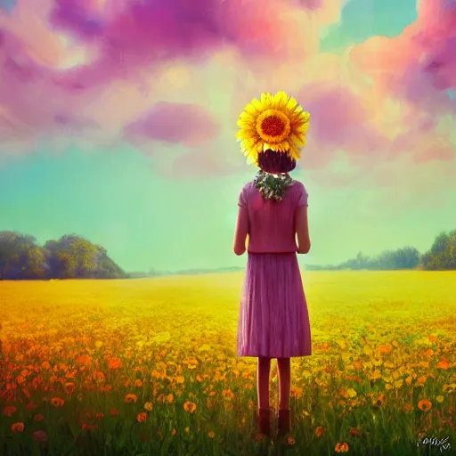 Image similar to full body daisy flower head, girl standing in a flower field, head hidden behind huge daisy flower, surreal photography, sunrise, dramatic light, impressionist painting, colorful clouds, digital painting, artstation, simon stalenhag