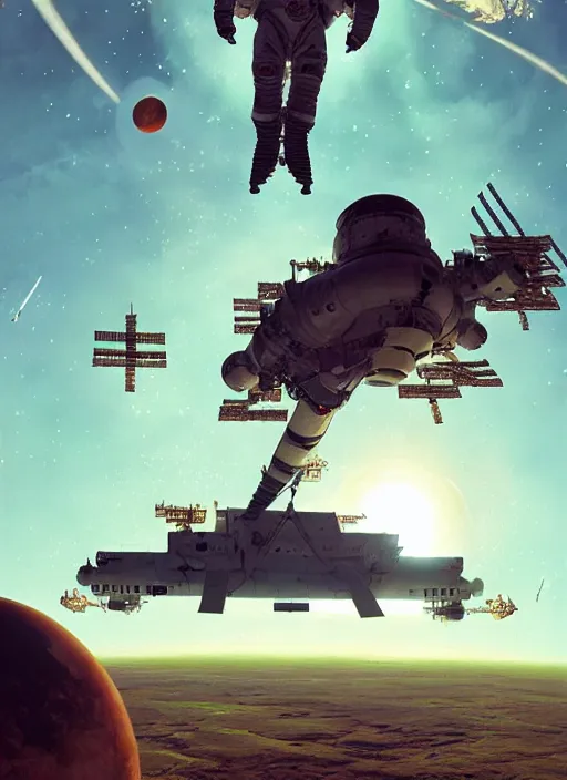 Prompt: taikonauts, cosmonauts and astronauts connecting iss with tiangong space station by ross tran, thierry doizon, craig mullins, ilya kuvshinov, artgerm, edward hopper, dan mumford, wlop, rutkovsky, carl spitzweg, moebius, unreal engine 5, lumen, nanite