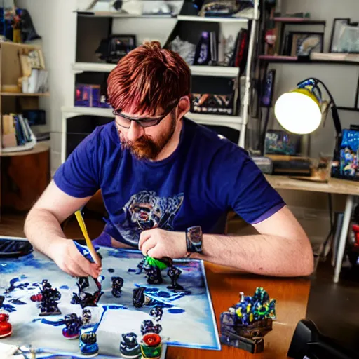 Image similar to violet - haired male game designer who plays blood bowl and paints miniatures, sitting at his untidy working table