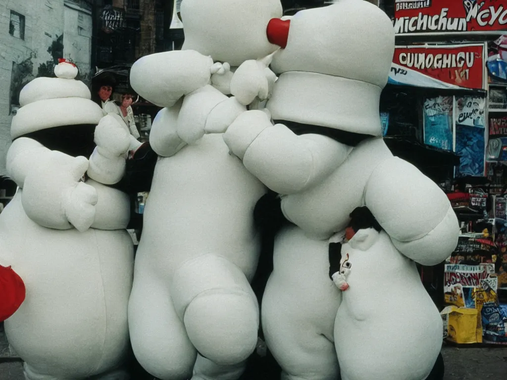 Image similar to 3 5 mm kodachrome colour photography of michelin man and stay - puft marshmallow man kissing each other, just they in love, no more characters, two characters taken by harry gruyaert