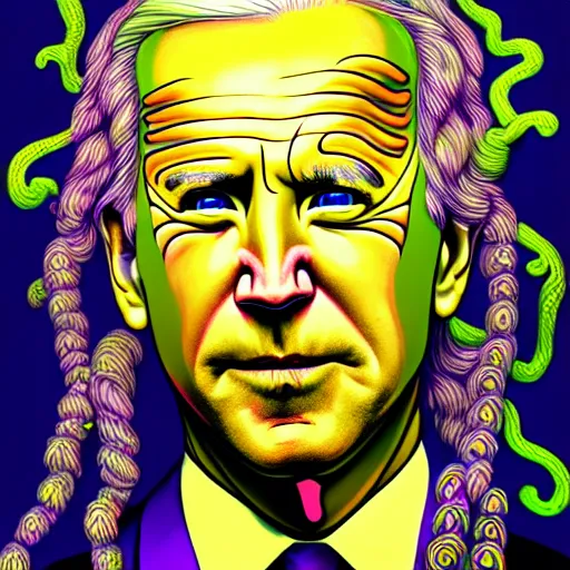 Prompt: an extremely psychedelic portrait of joe biden as medusa, surreal, lsd, face, detailed, intricate, elegant, lithe, highly detailed, digital painting, artstation, concept art, smooth, sharp focus, illustration