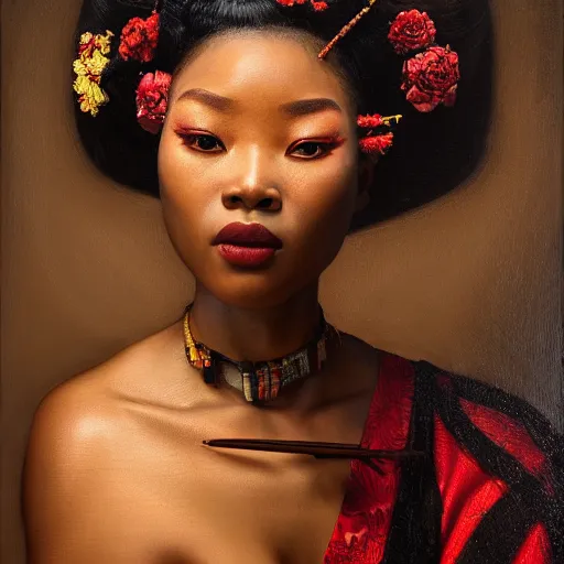 Image similar to highly detailed oil painting | very intricate | cinematic lighting | award - winning | the african geisha in an exquisite himba kimono | by roberto ferri, by tom bagshaw, by j. c. leyendecker and klimt, beautiful cinematic light, american romanticism, by austin osman spare, artstation, cgsociety, official art, octane