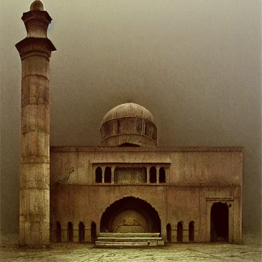 Image similar to a big mosque in a Village, horror, fog, foster, highly detailed, one house, fear, hyper realistic, atmospheric lighting, beksinski