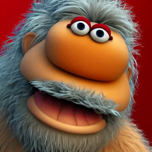 Image similar to a still of a forgotten muppet character looking very manly and modern, hilarious, laughing, hairy chest, huge chin, manly monster tough guy, roughled fur, photo real, photographic, photograph, artstation, trending, featured