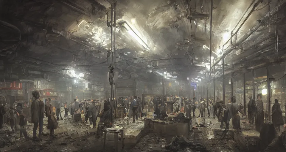 Image similar to cluster phobic market in an underground dystopian subway by eugene von guerard, ivan shishkin, dramatic lighting, concept art, trending on artstation